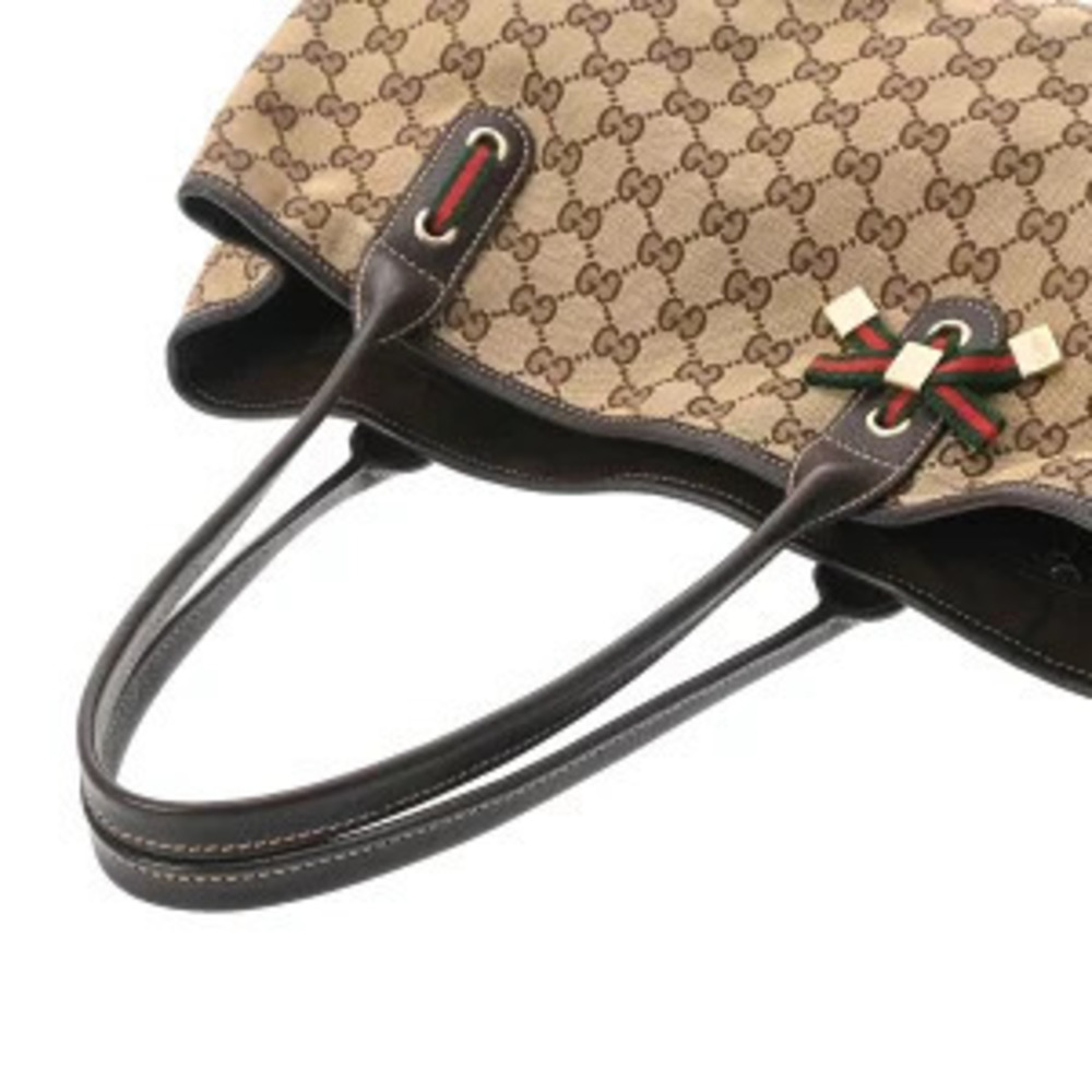 Gucci Beige Ebony Tote Canvas GG Bag Brown Leather - Picture 3 of 9